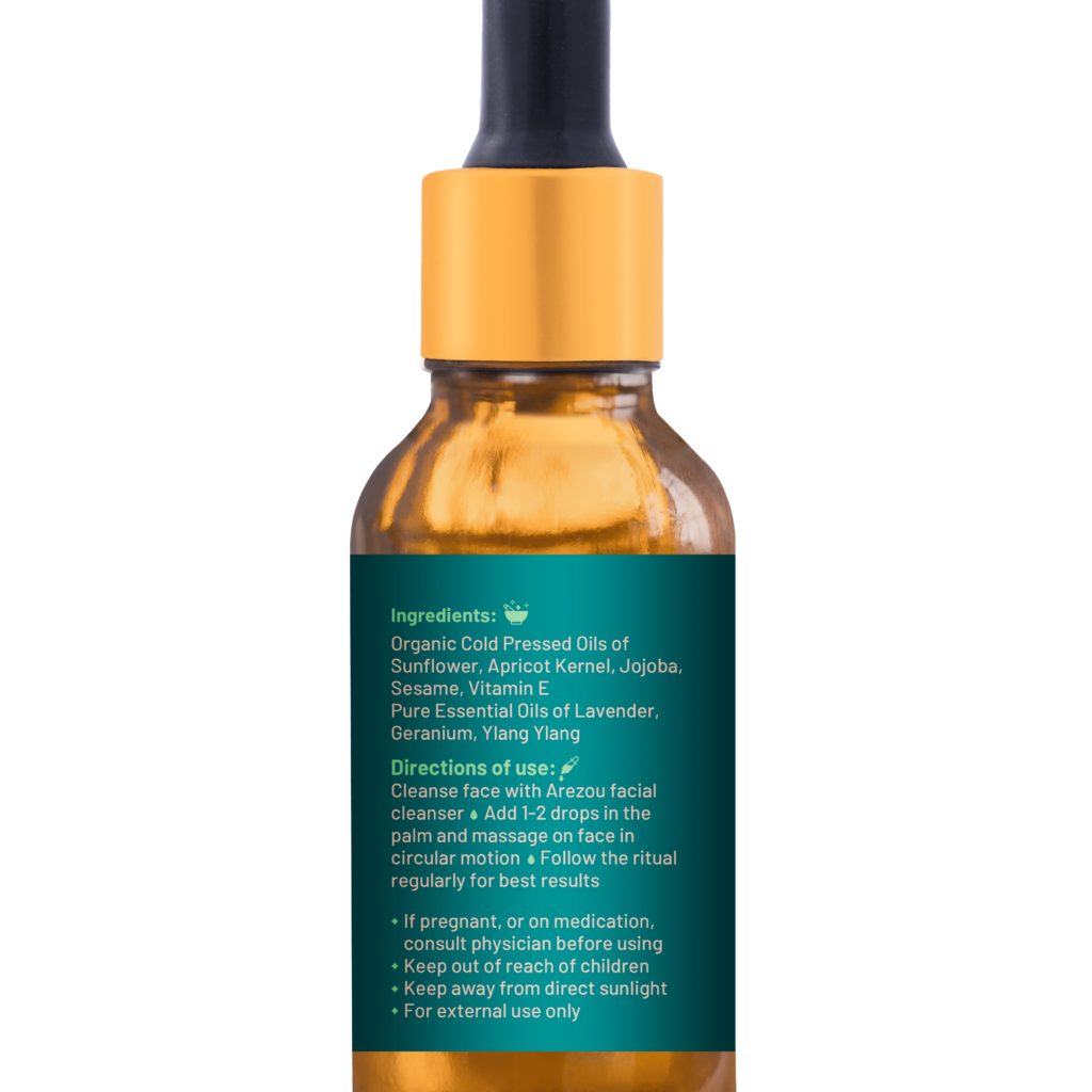 Cleanse face with Arezou facial cleanser. Add 1-2drops in the palm and massage on face in circular motion. Follow the ritual regularly for best results.